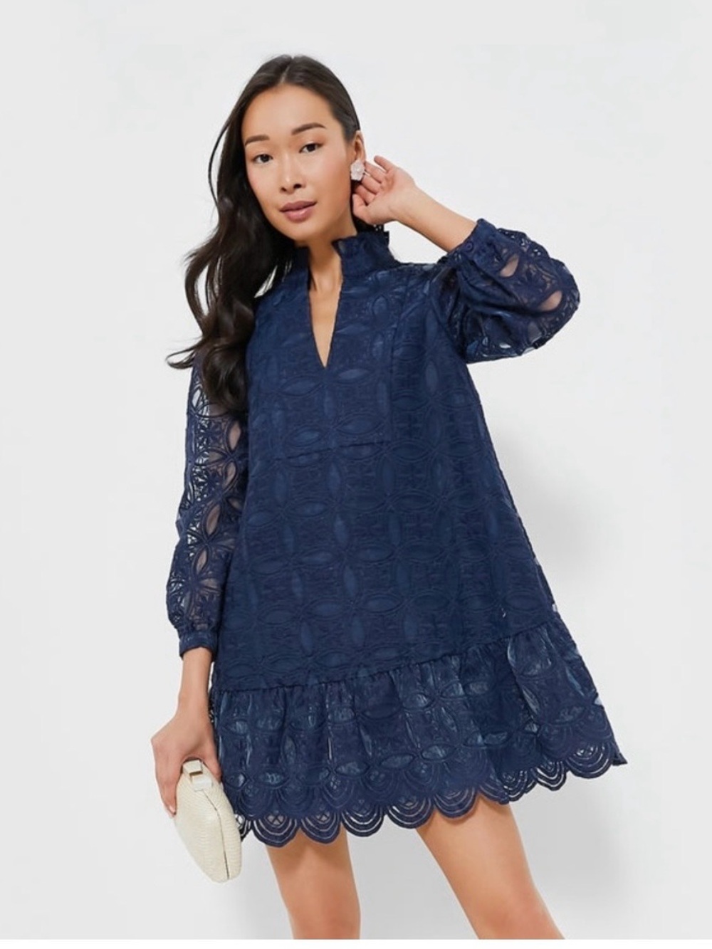 Tuckernuck Palmerston Navy Lace Long Sleeve Ruffled Collar Shift Dress Sz M NEW